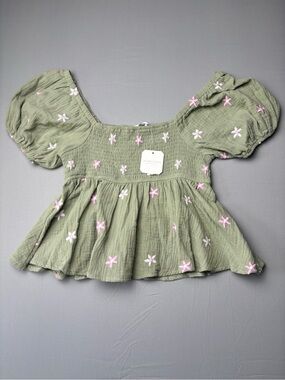 Alter’d State Olive Green Smocked Peasant Top with Pink Floral Embroidery Size M